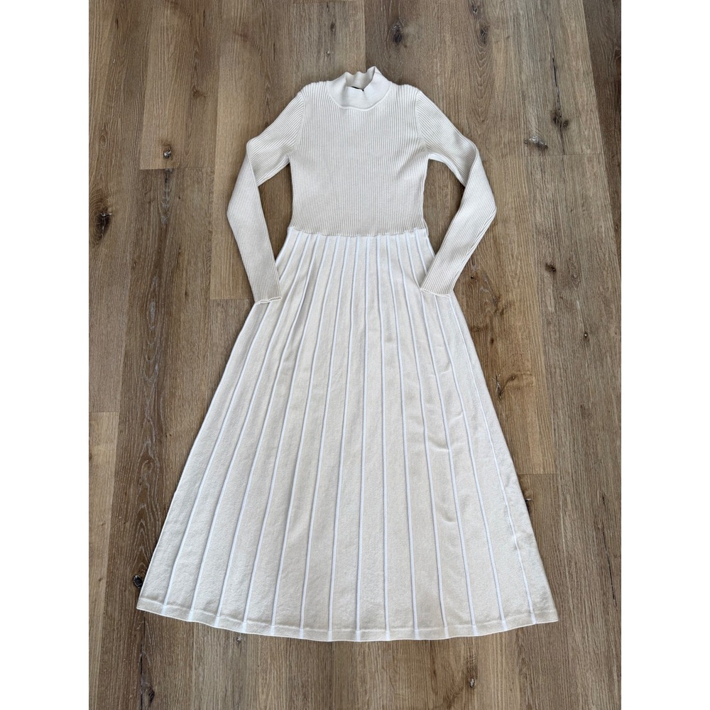Minimalist Ribbed Knit Mock Neck Maxi Dress Women M Cream Striped Preppy Capsule
